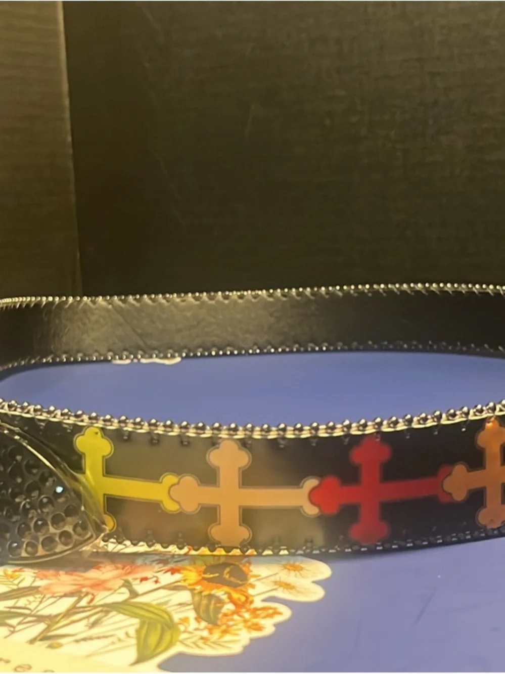 Women's Black Beaded Belt with Enamel Floral Accents